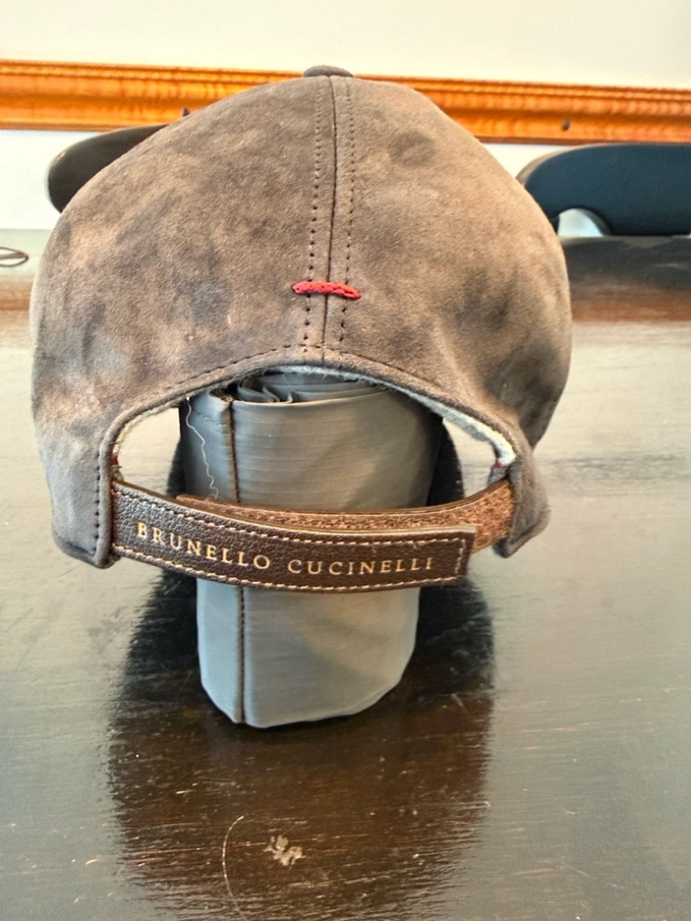 Brunello Cucinelli Brown Suede Baseball Cap with Red Stitch